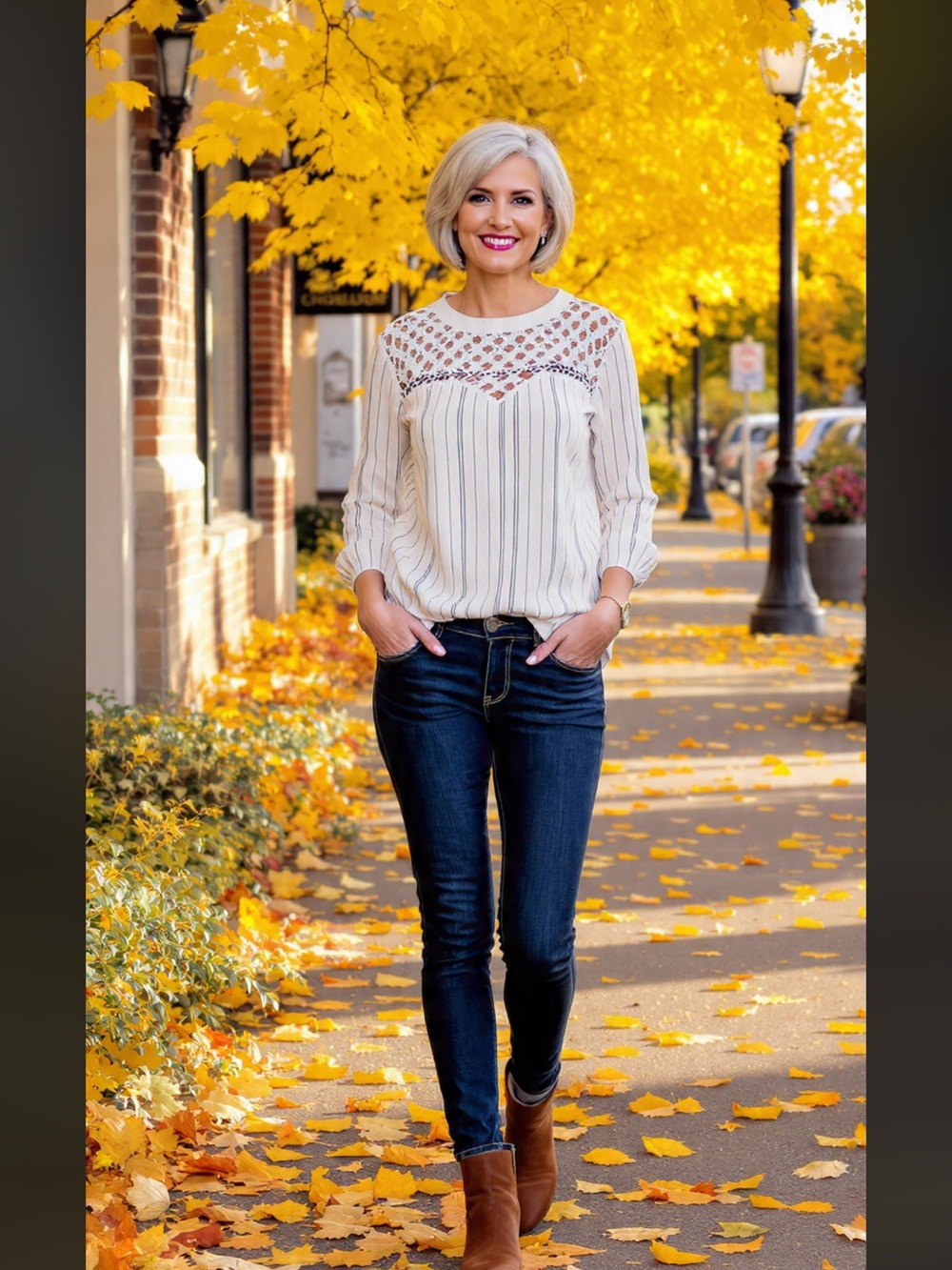 Lillestory Lace Yoke Ribbed Long Sleeve Top - Cream NWT